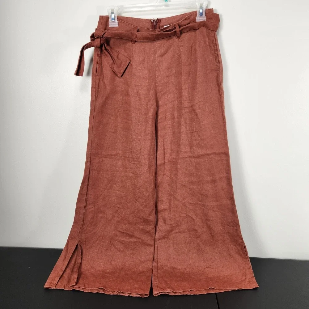 Faithfull the Brand Roza Linen Pants Wide Leg Crop Red Orange Sangria Women 2 XS